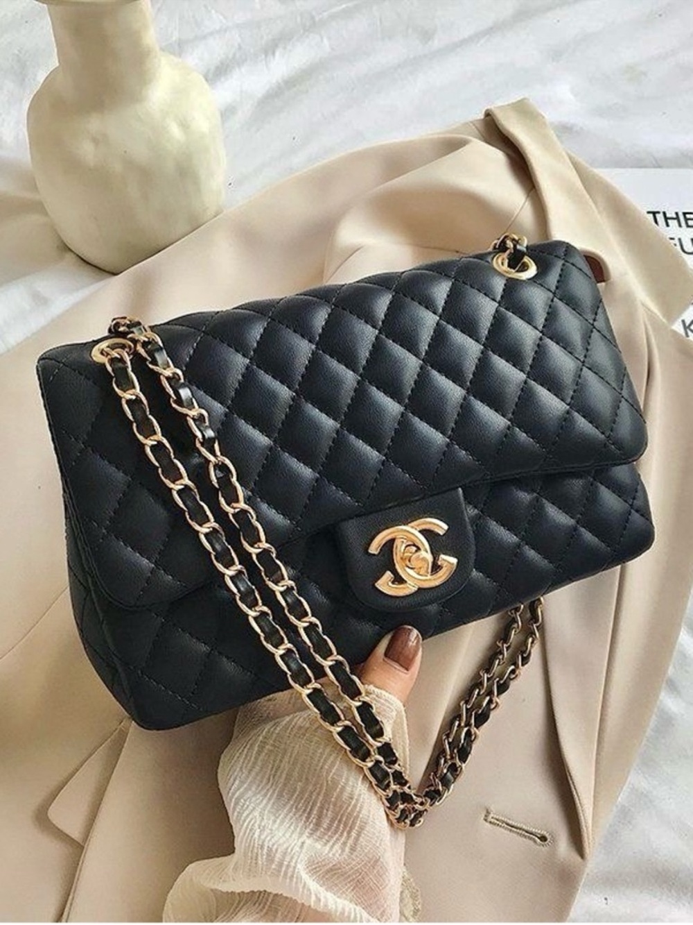 Classic Quilted Black Shoulder Bag with Gold Chain New